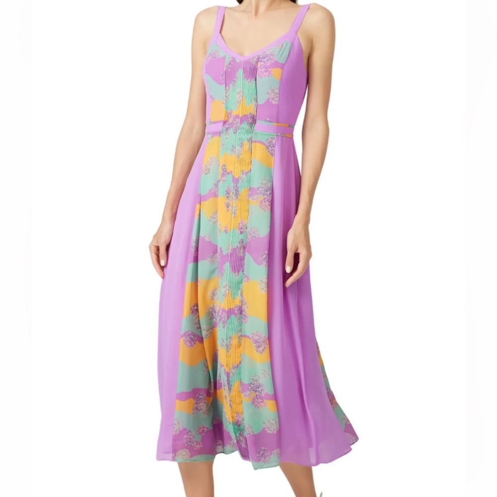 THREE FLOORS Plissa Pastel Purple, yellow and teal midi dress Size S